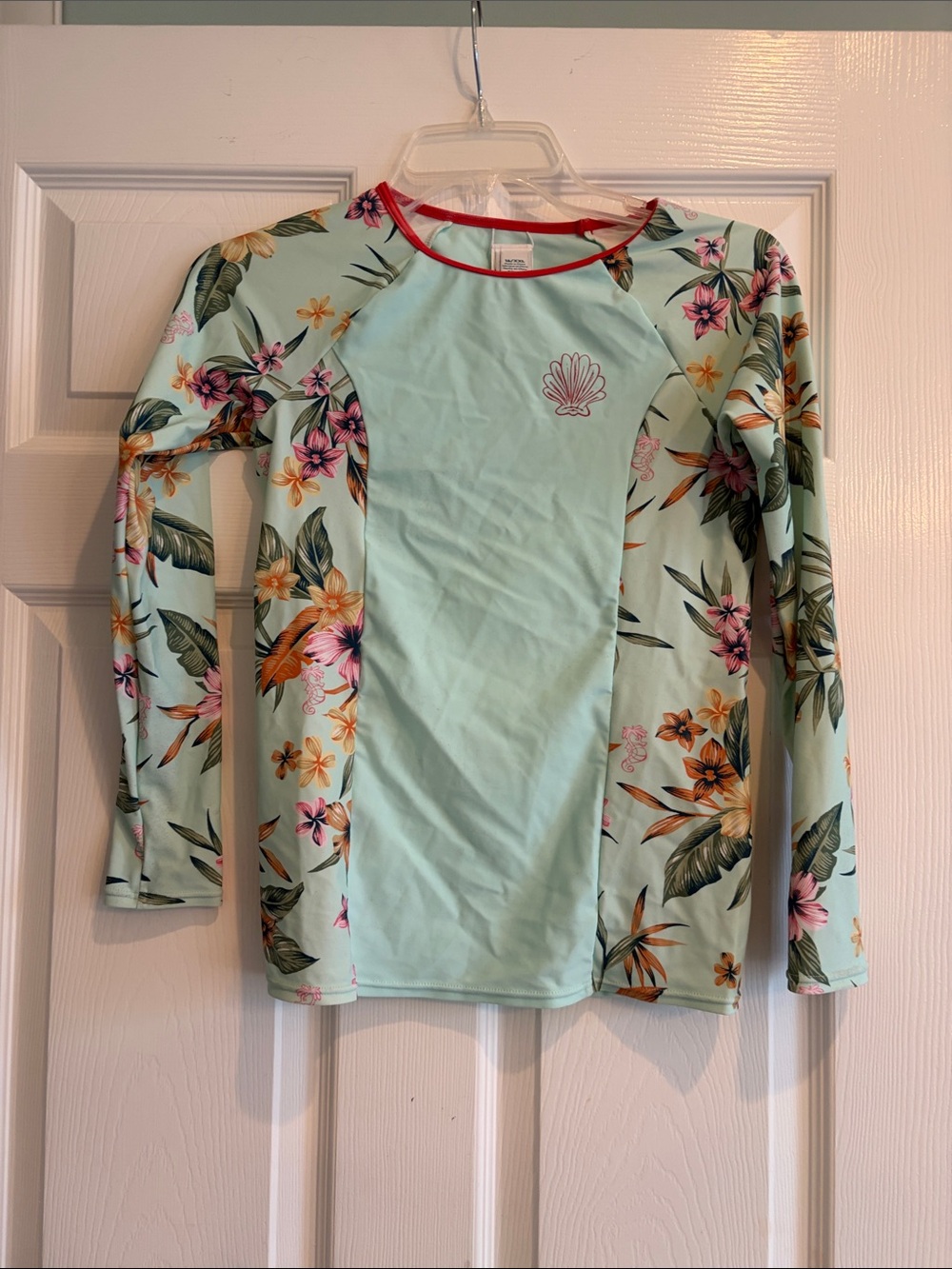 Roxy Girls Mint Floral Long-Sleeve Rashguard with Pink Shell Accent